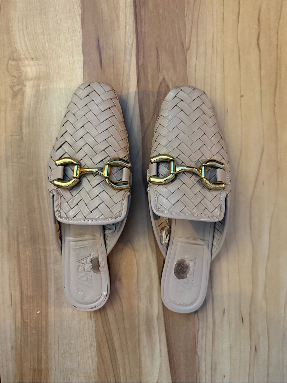 Zara Beige Woven Mule Loafers with Gold Hardware